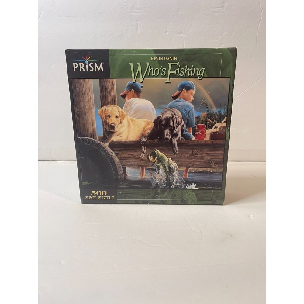 Prism Who's Fishing 500 Piece Jigsaw Puzzle Kevin Daniel Dogs 2004 New 99012